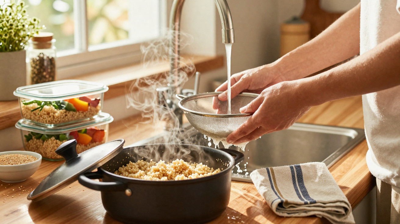 Pessoa a enxaguar grãos num passador junto a tacho com comida a vapor numa cozinha iluminada pela janela.
