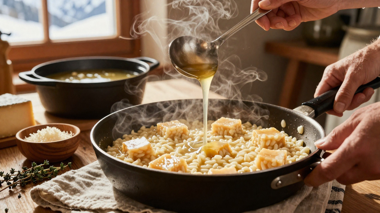 Mãos a cozinhar massa fusilli com cubos de tofu e molho numa frigideira a fumegar junto a janelas.