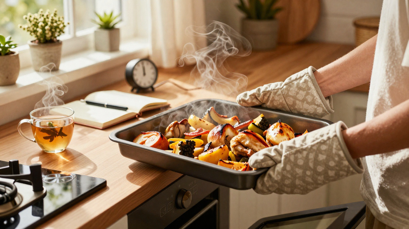 Mãos com luvas de forno segurando tabuleiro com legumes e frango assados fumegantes numa cozinha iluminada.