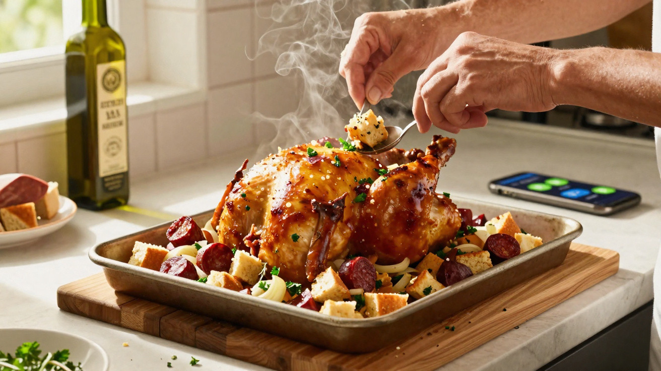 Pessoa a temperar um frango assado com legumes, chouriço e pão num tabuleiro na cozinha.