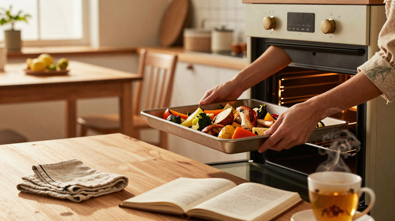 Pessoa a retirar tabuleiro com legumes e frango do forno numa cozinha luminosa e acolhedora.