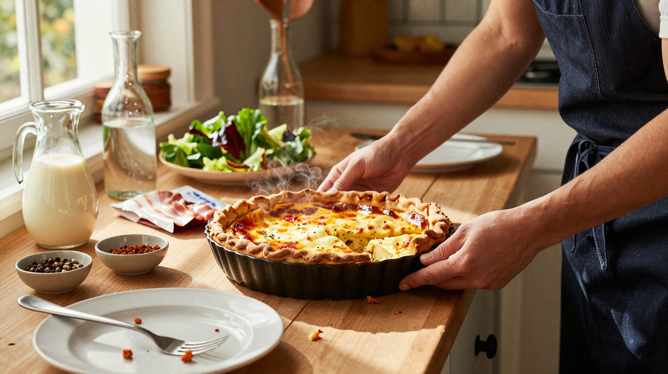 Pessoa a colocar tarte de queijo e legumes numa mesa de madeira junto a pratos, salada e garrafas de leite e água.