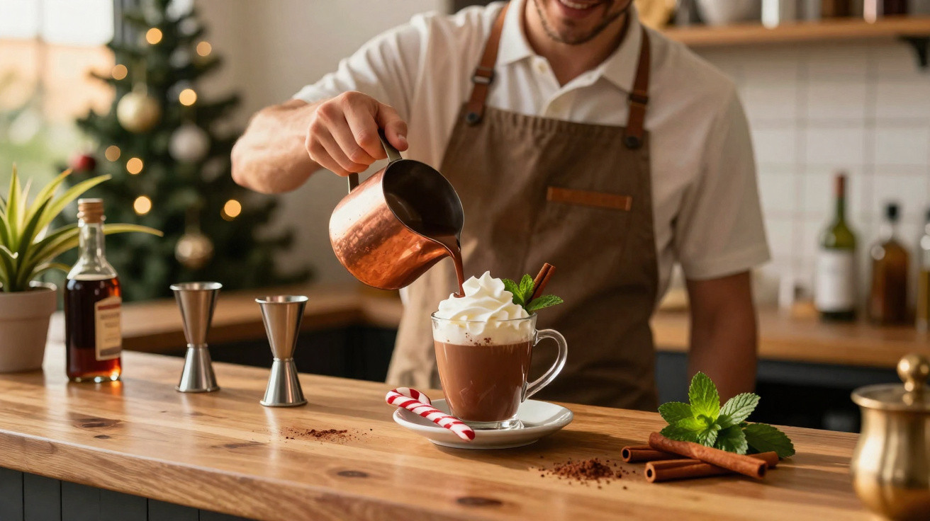 Homem a servir chocolate quente com chantilly num copo de vidro num café decorado para o Natal.