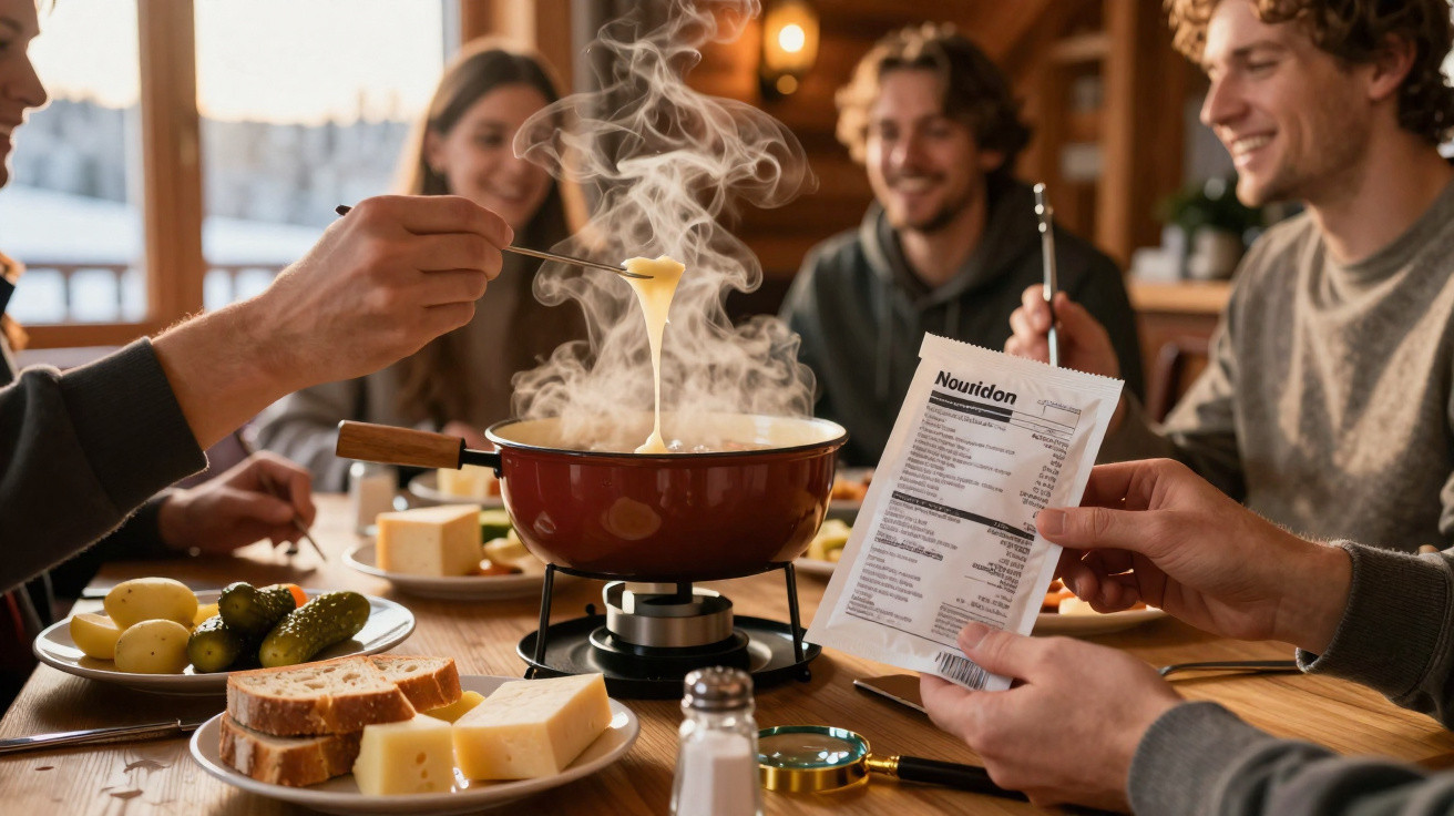 Grupo de amigos a comer fondue de queijo quente numa mesa de madeira com pão e batatas.