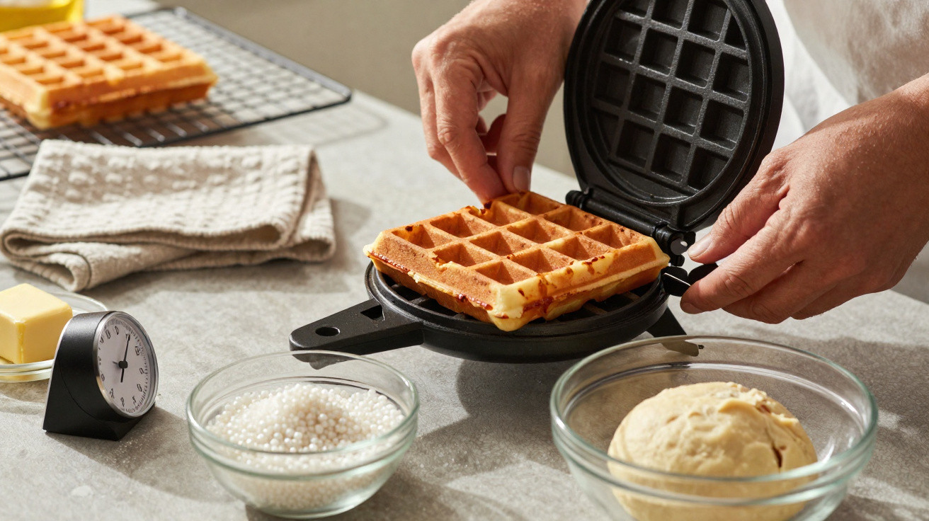 Mãos a retirar um waffle dourado de uma máquina, com ingredientes e utensílios de cozinha numa bancada.