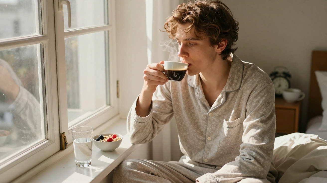 Jovem de pijama bebe café sentado numa cama ao lado da janela com um copo de água e taça de fruta.