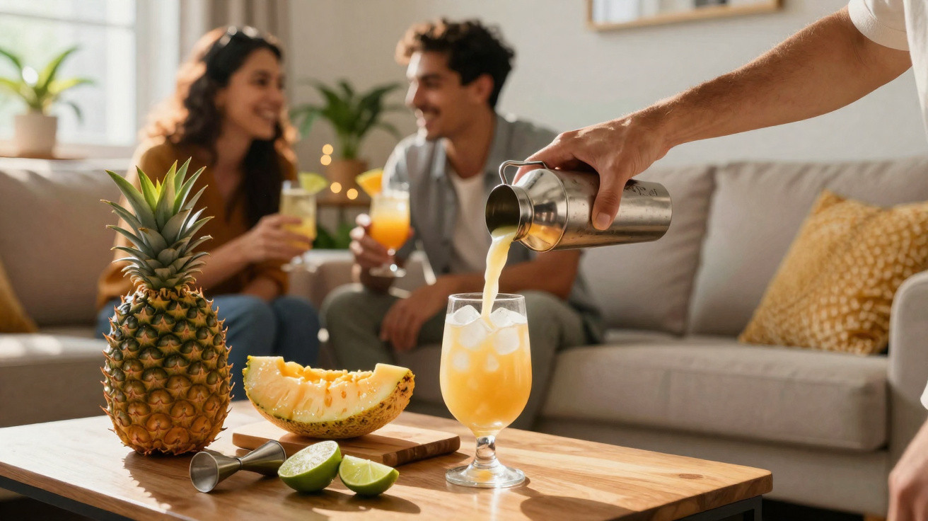 Pessoa a servir cocktail de abacaxi com gelo numa taça, fruta e casal a conversar ao fundo numa sala.