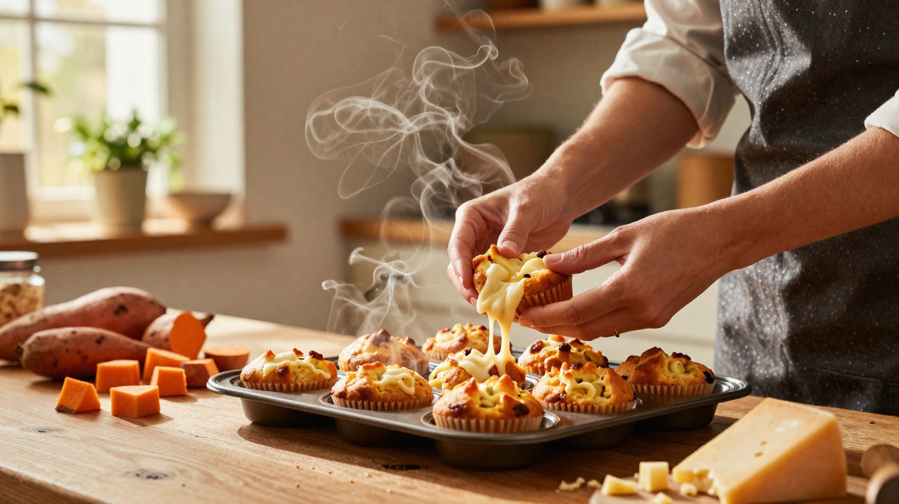 Pessoas a retirar muffins quentes com queijo derretido e pedaços de bacon numa cozinha iluminada.