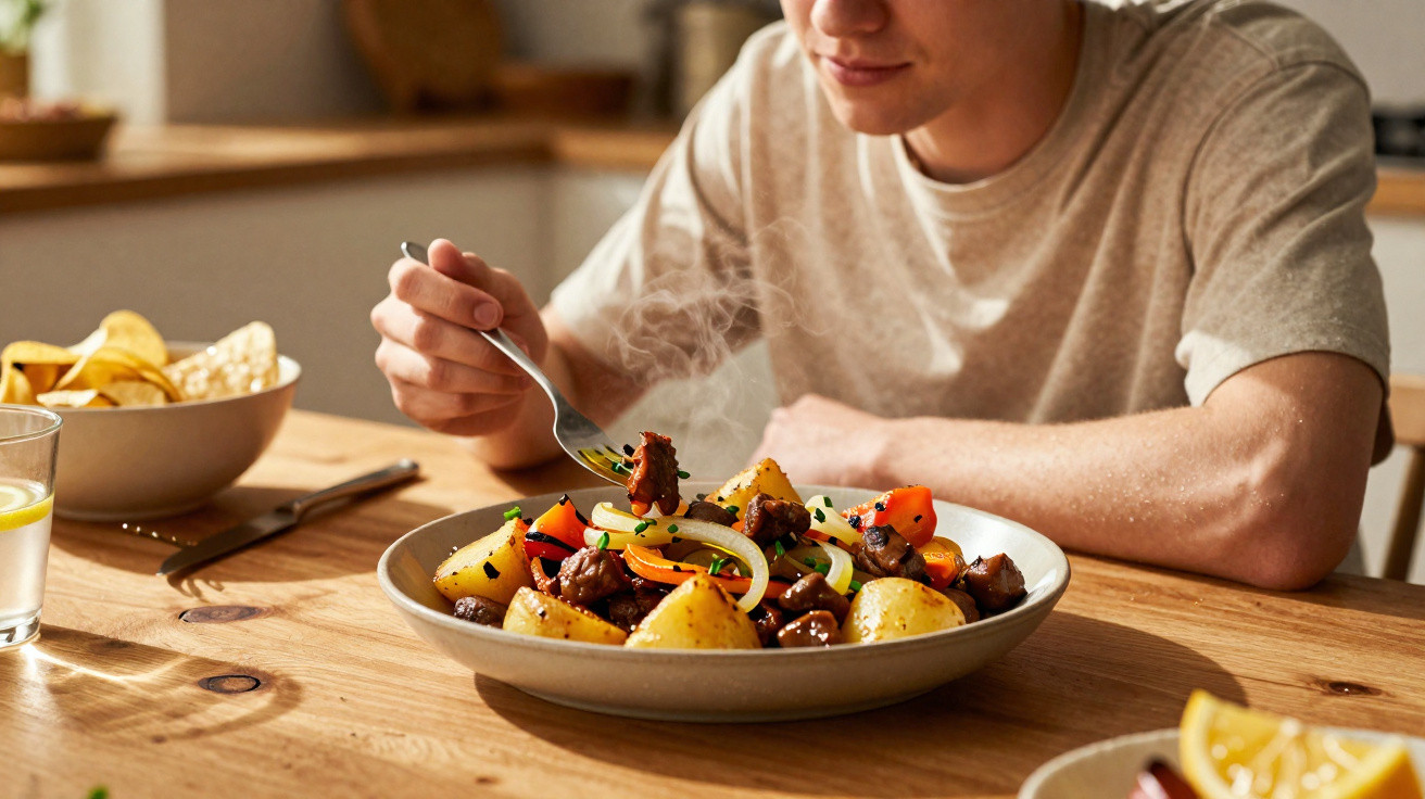 Pessoa prestes a comer prato fumegante com batatas, legumes e carne num ambiente acolhedor.