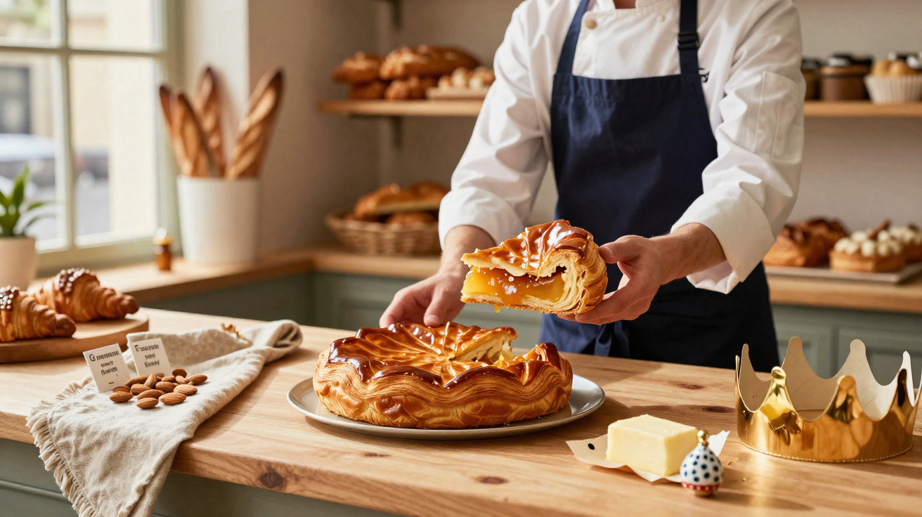 Pessoa a servir fatia de bolo-rei numa pastelaria com pão e croissants ao fundo.
