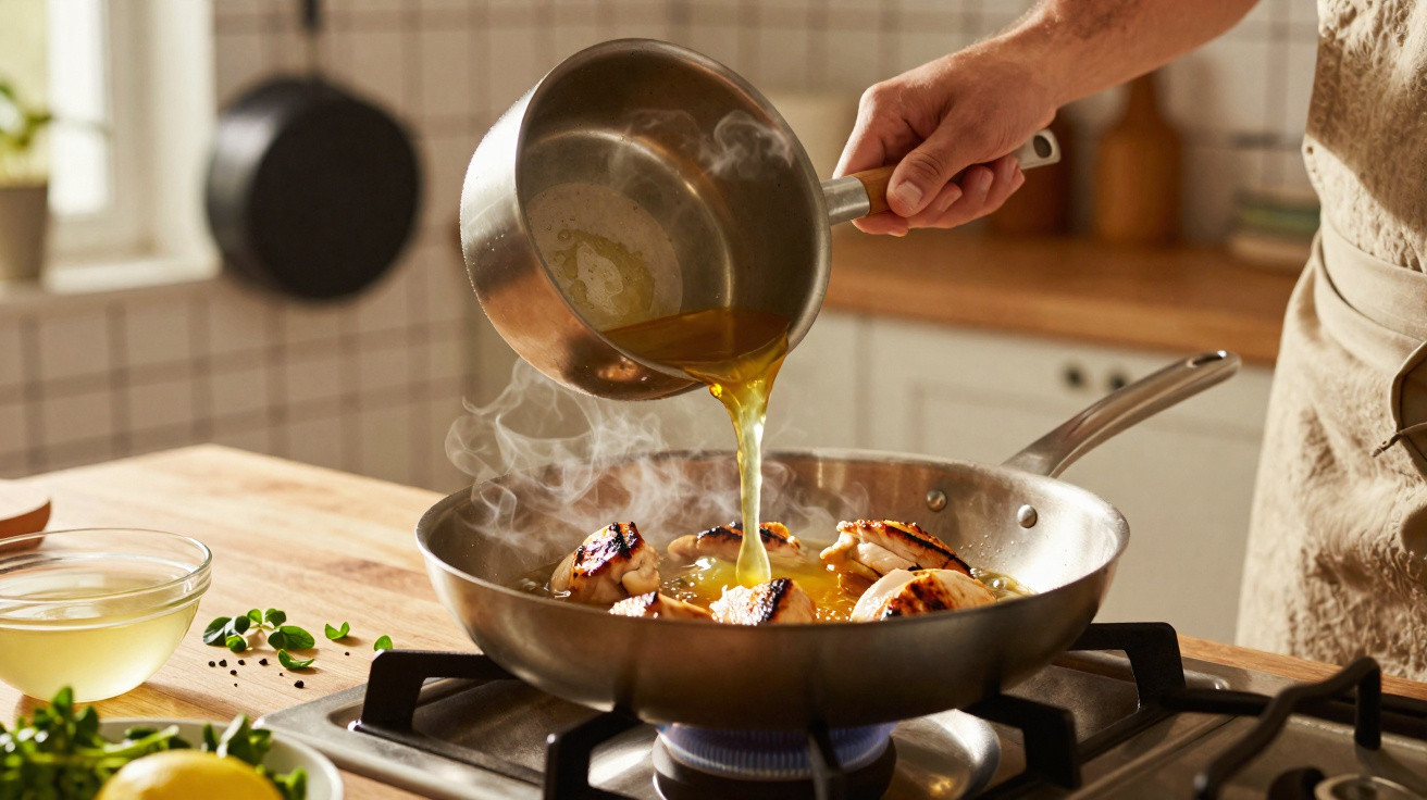 Pessoa a deitar molho quente numa frigideira com pedaços de frango grelhado numa cozinha.