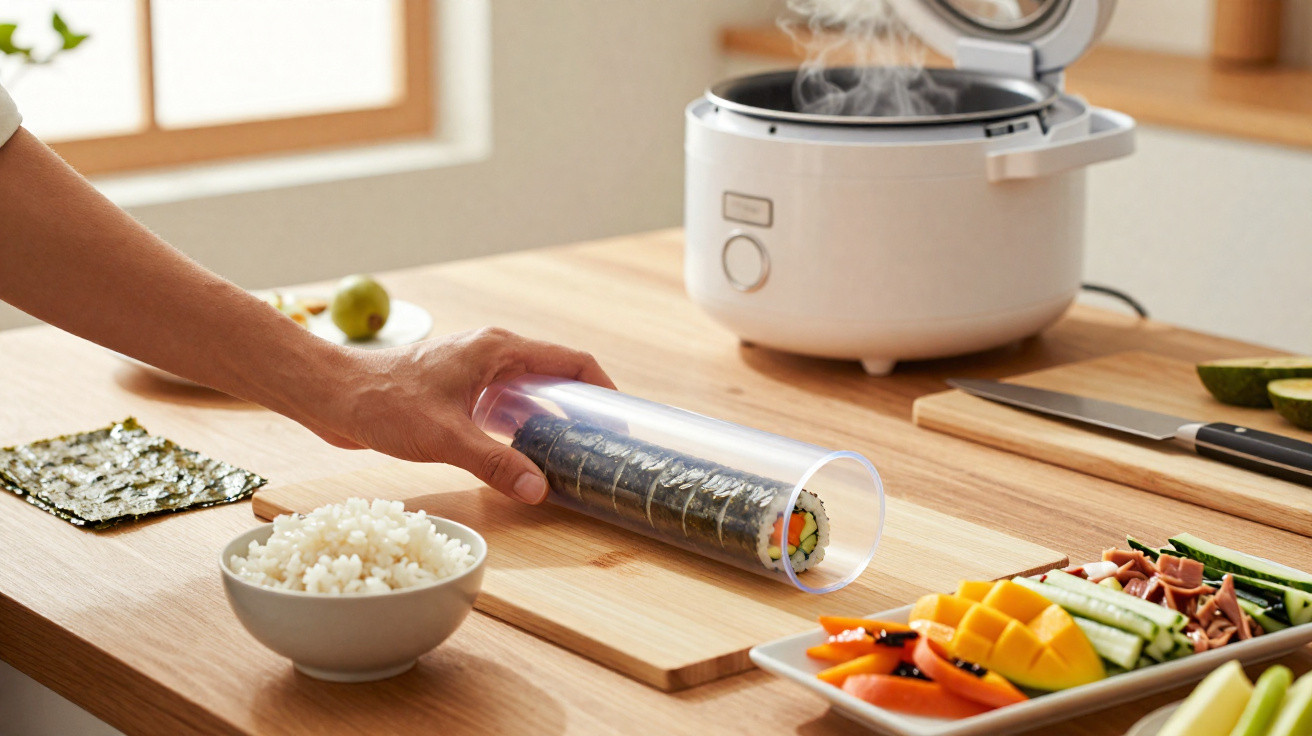 Pessoa a preparar sushi com arroz, alga e legumes numa cozinha iluminada e organizada.