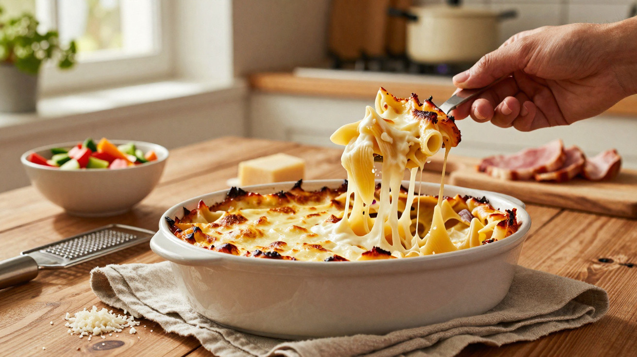 Mão a servir gratinado de massa com queijo derretido numa travessa branca sobre uma mesa de madeira.