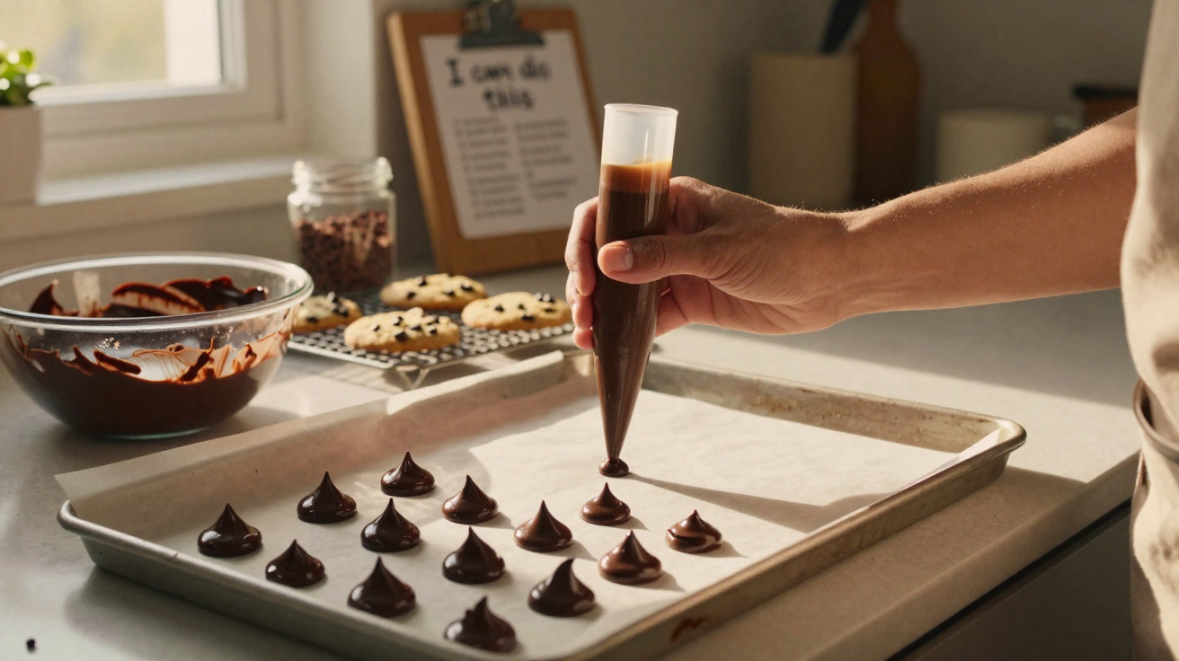 Pessoa a colocar gotas de chocolate numa forma com papel vegetal numa cozinha iluminada.