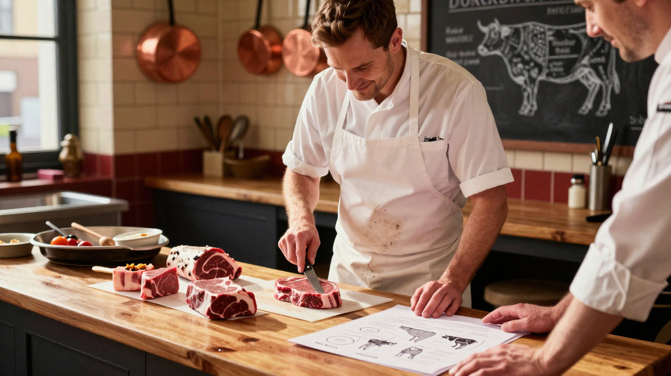 Dois homens em aventais a preparar e cortar carne numa cozinha profissional.