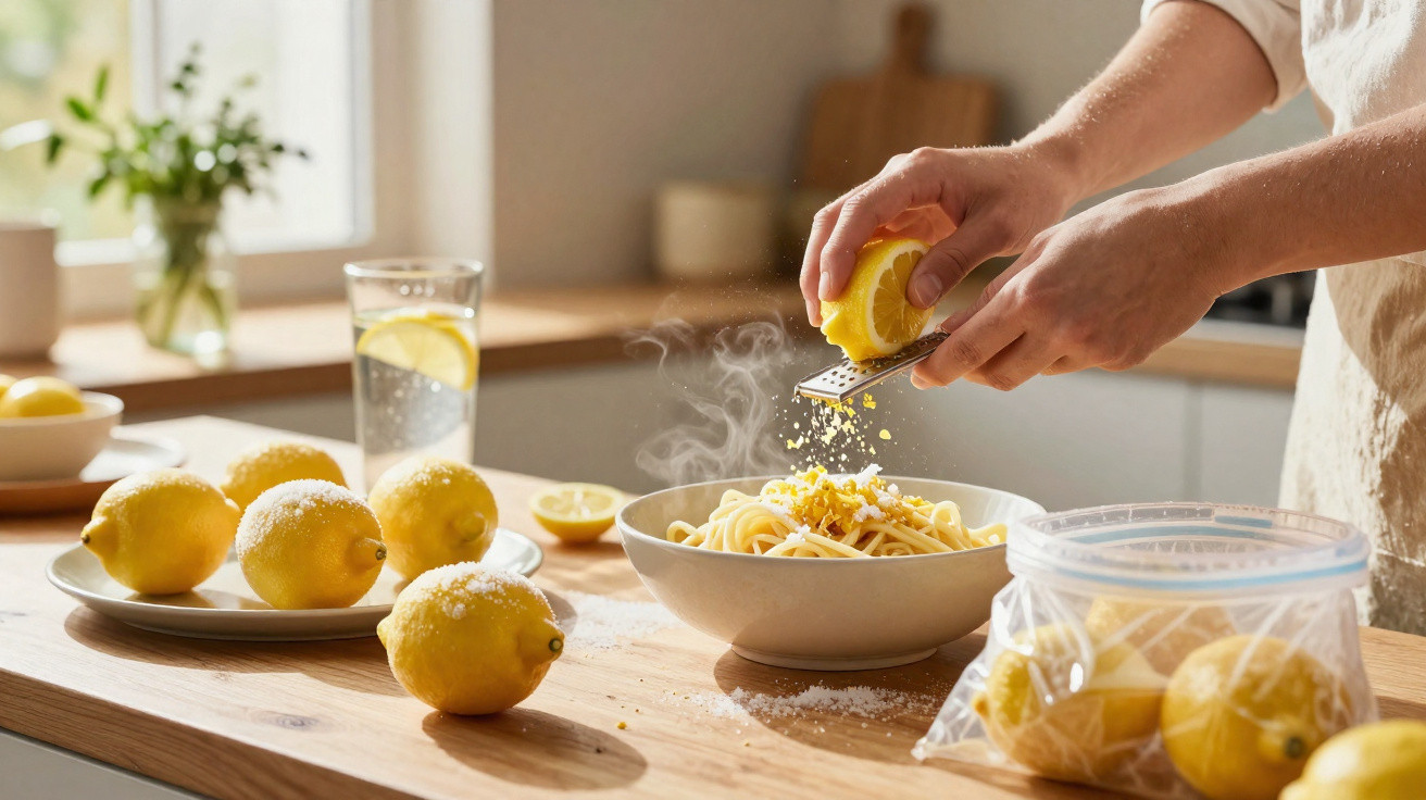 Pessoa a ralar limão sobre um prato de massa fumegante numa cozinha iluminada.