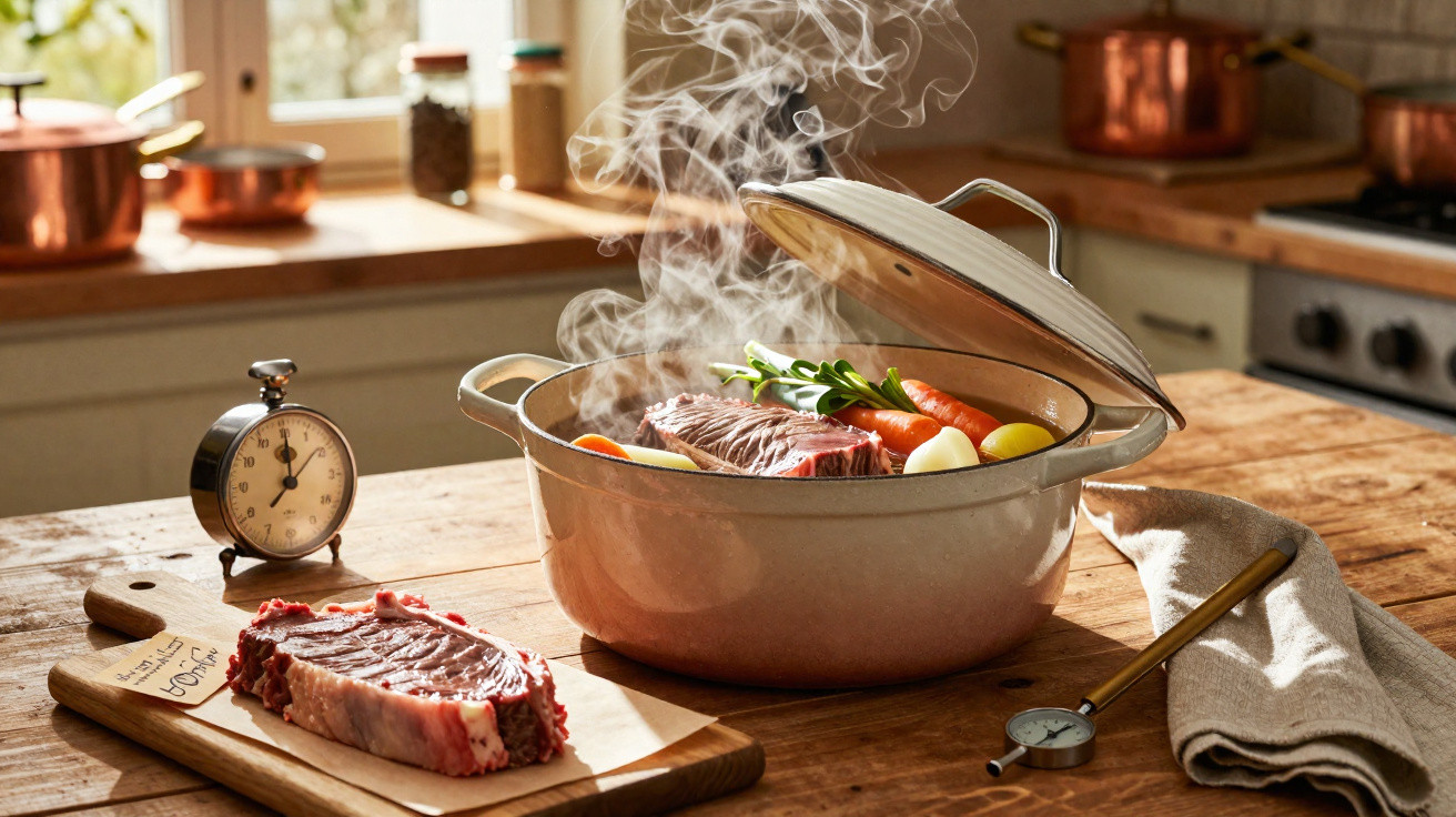Panela com carne, cenouras e ervas a cozinhar, ao lado de um bife cru numa tábua de madeira.