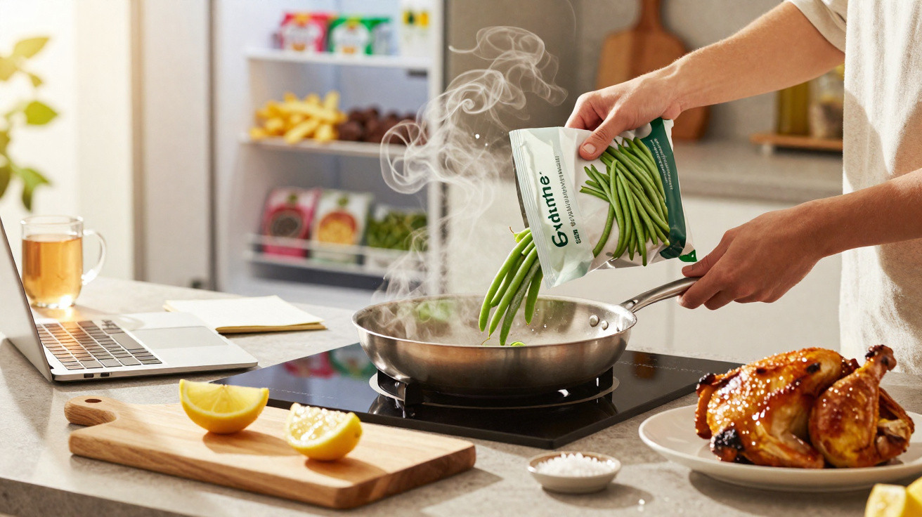 Pessoa a cozinhar feijão verde congelado numa frigideira na cozinha com legumes e frango à mesa.