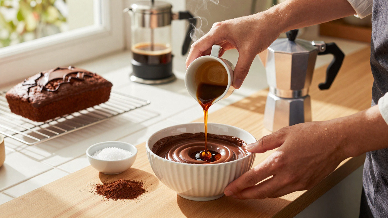 Pessoa a deitar café quente numa taça com chocolate derretido numa cozinha iluminada pela luz natural.