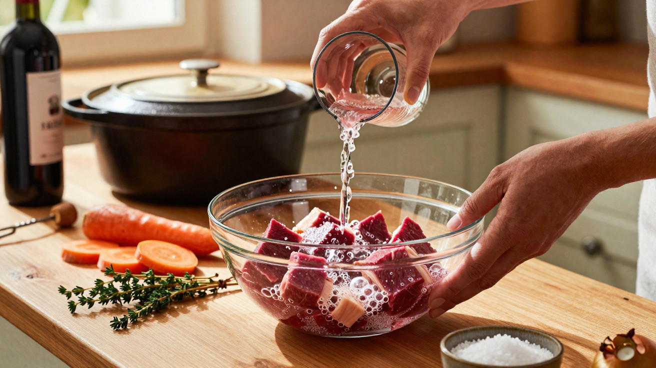 Pessoa a verter líquido numa taça com cubos de carne crua, com legumes e ervas numa bancada de cozinha.