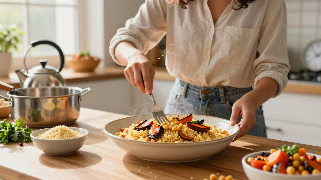 Pessoa a servir cuscuz com grão e legumes assados numa cozinha iluminada naturalmente.