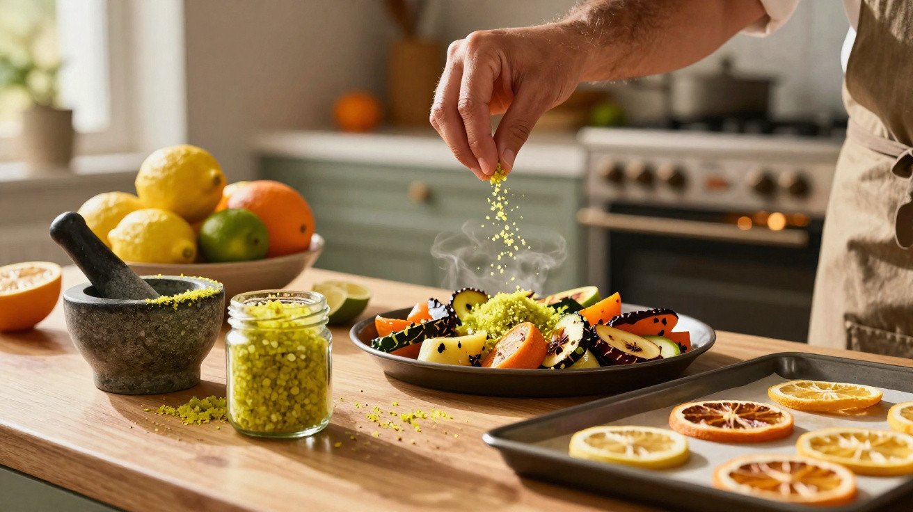 Pessoa a polvilhar especiaria amarela em legumes assados numa cozinha moderna.