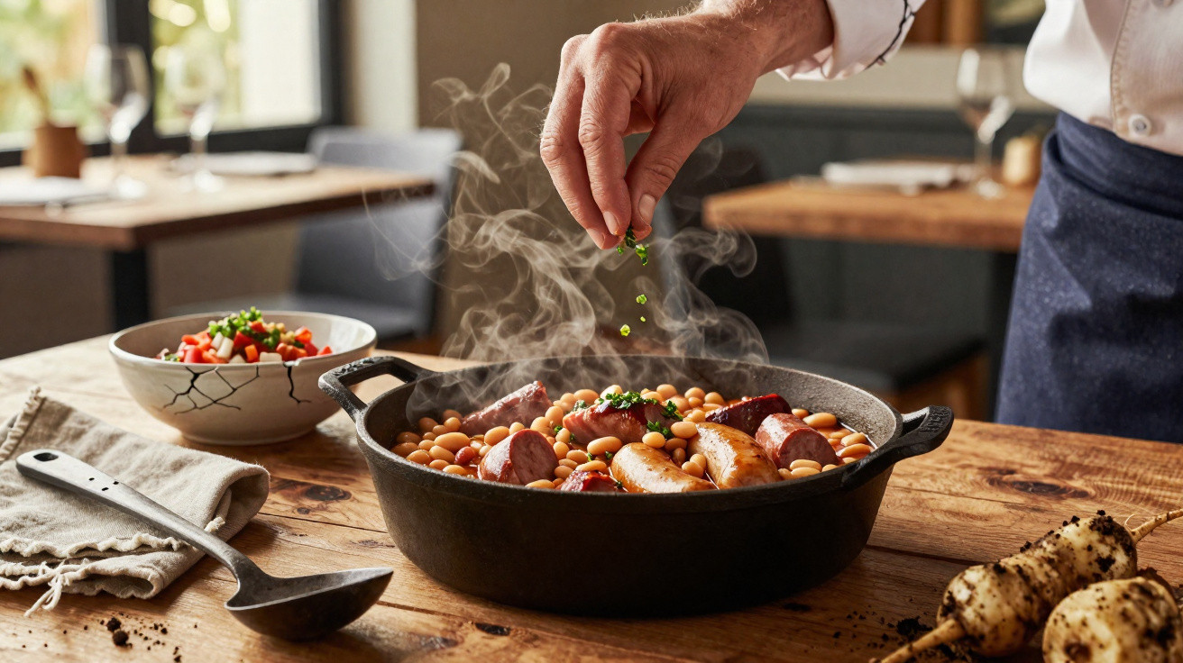 Mão a temperar feijoada fumegante com ervas, com salsichas na caçarola e uma tigela de salada ao lado.