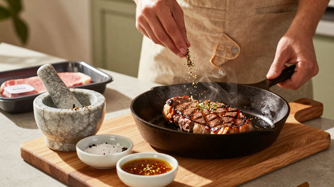 Pessoa a temperar um bife na frigideira com especiarias, sal e molhos numa bancada de cozinha.
