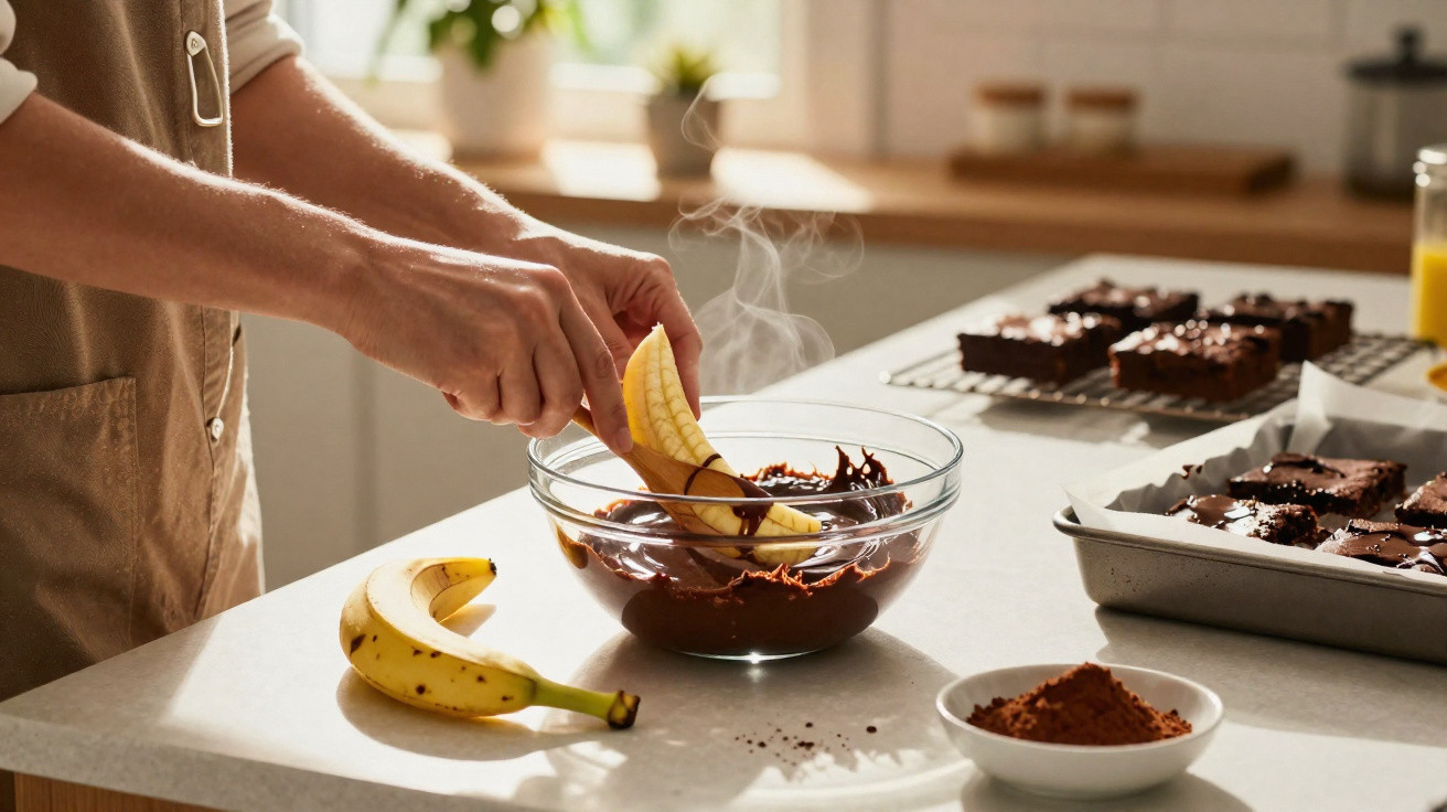 Mãos a mergulhar fatias de banana em chocolate derretido numa cozinha iluminada, com brownies frescos ao fundo.