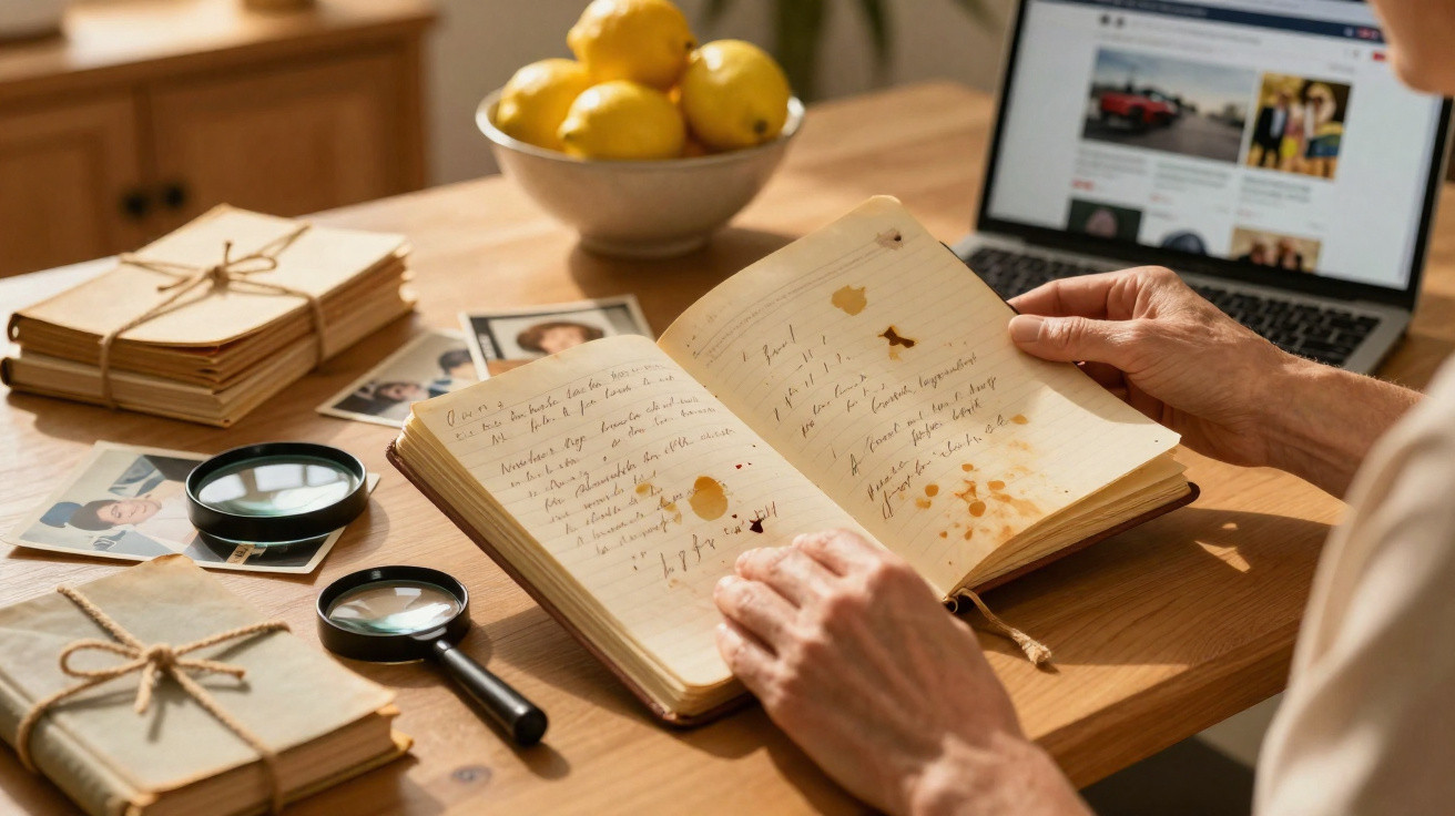 Pessoa a ler caderno antigo com manchas, rodeada de fotografias, lupas e uma tigela com limões numa mesa de madeira.