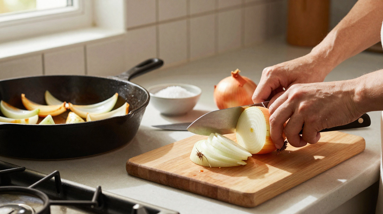 Pessoa a cortar cebola numa tábua de cortar, com cebolas e frigideira na bancada da cozinha.