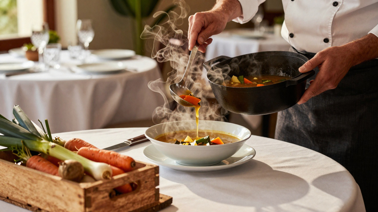Pessoa a servir sopa quente com legumes num restaurante com mesas ao fundo e caixa de legumes na mesa.