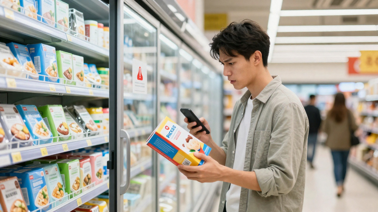 Homem lê rótulo de alimento no supermercado enquanto usa telemóvel para comparar informações.