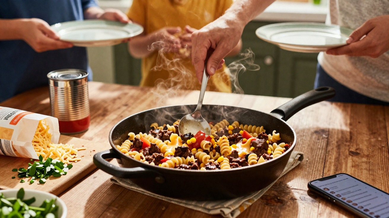 Panela fumegante de massa com carne e legumes ao centro da mesa, com pessoas a servir-se.