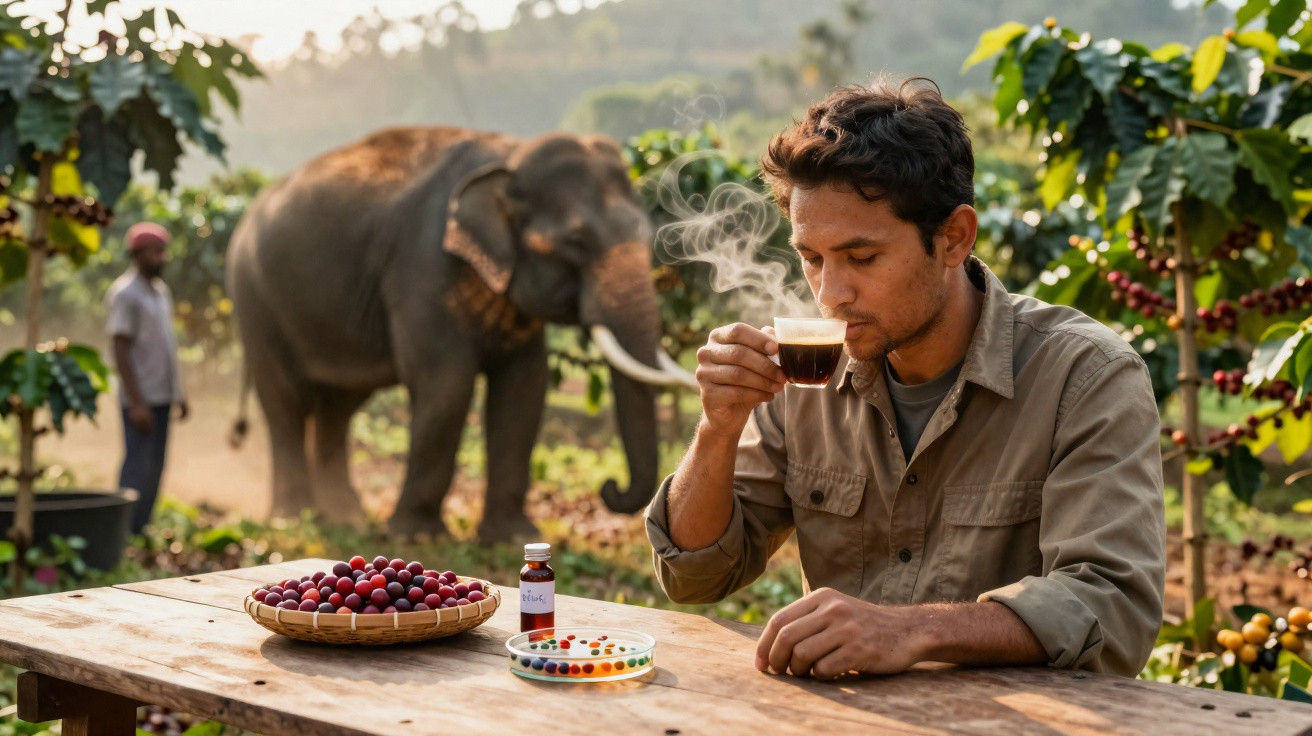 Homem a cheirar café quente junto a mesa com frutos de café, elefante e homem ao fundo numa plantação.
