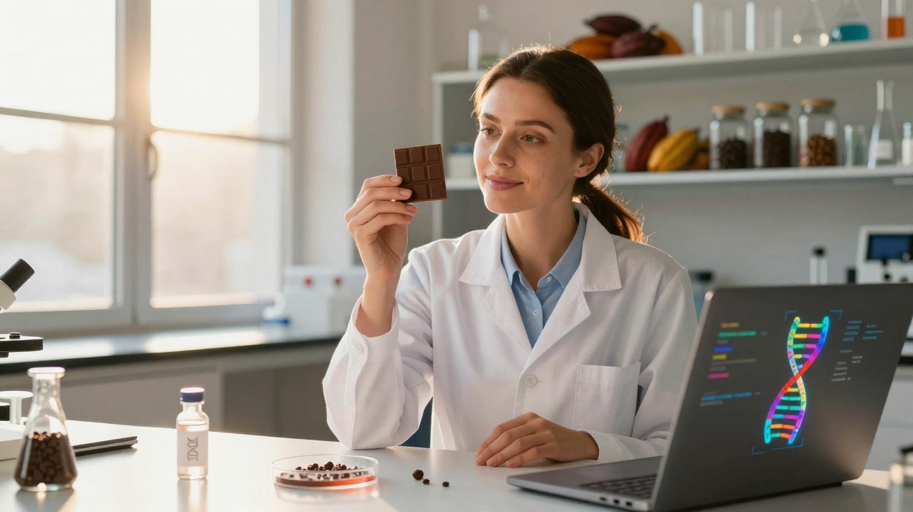 Cientista em laboratório a analisar uma barra de chocolate com laptop a mostrar cadeia de ADN.