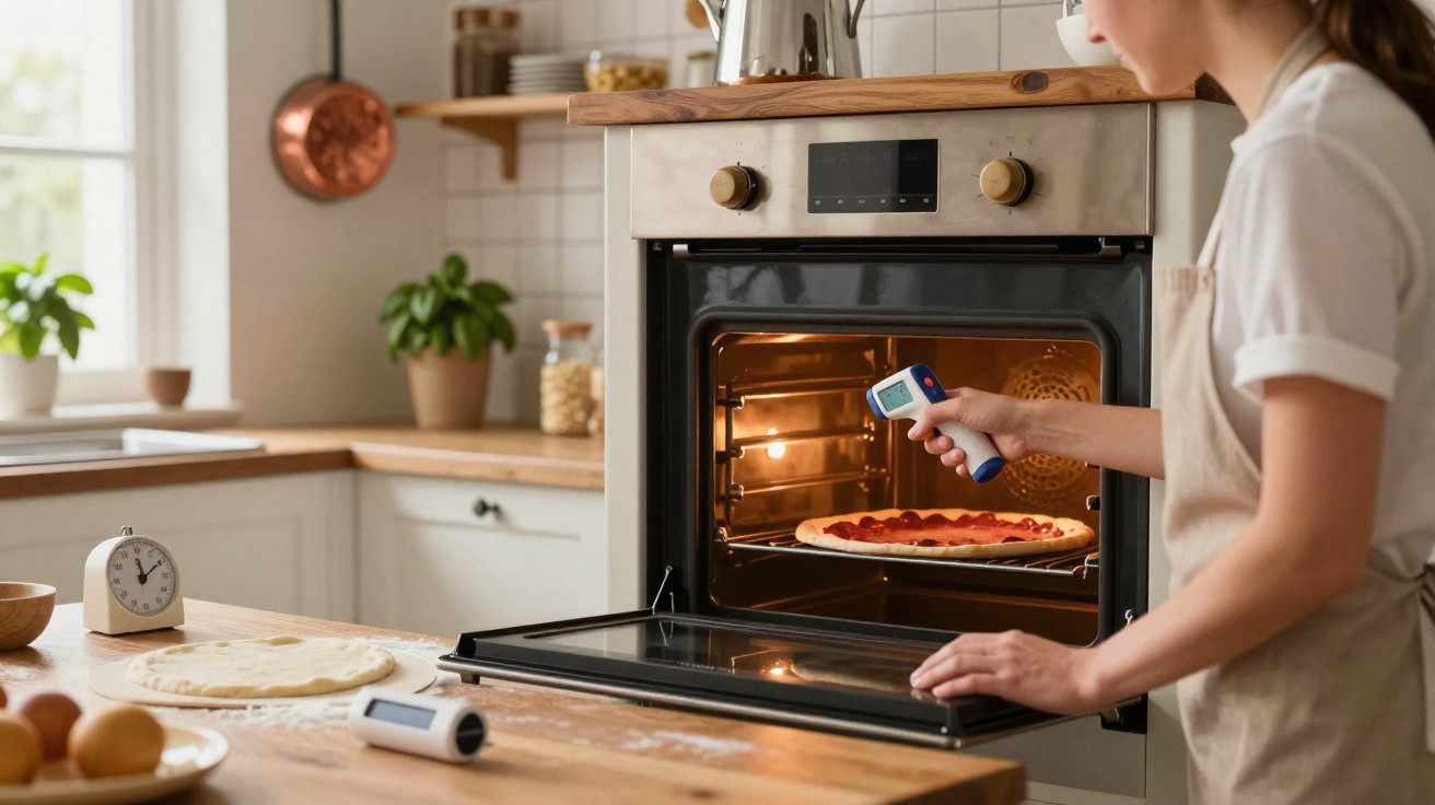 Pessoa a medir a temperatura de uma pizza no forno numa cozinha moderna e luminosa.
