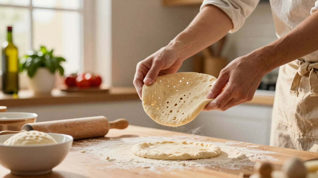 Pessoa a abrir massa de fazer pizza numa cozinha com bancada de madeira e ingredientes ao fundo.