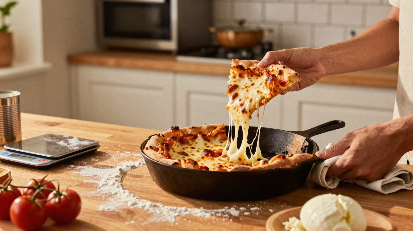Mão a levantar fatia de pizza com queijo derretido de frigideira preta numa cozinha com ingredientes.