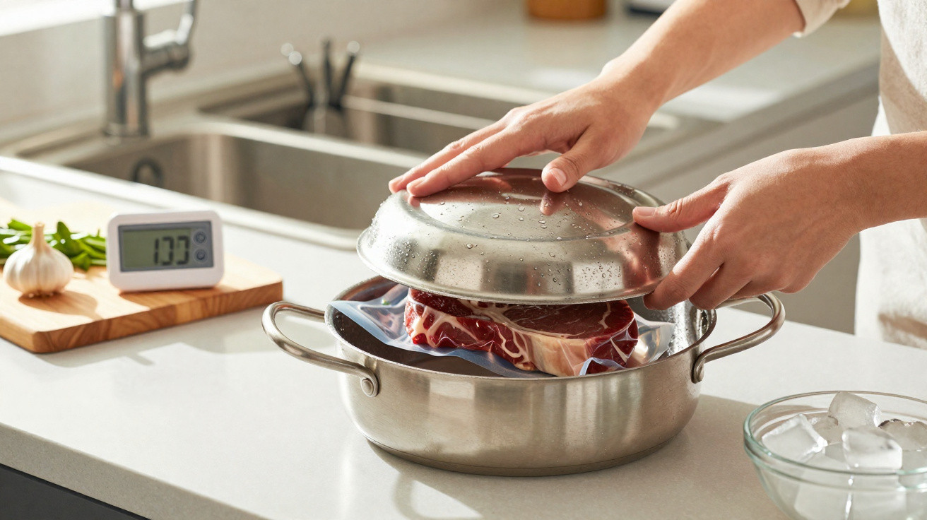Mãos a tapar bife embalado a vácuo numa panela de aço inoxidável numa cozinha moderna.