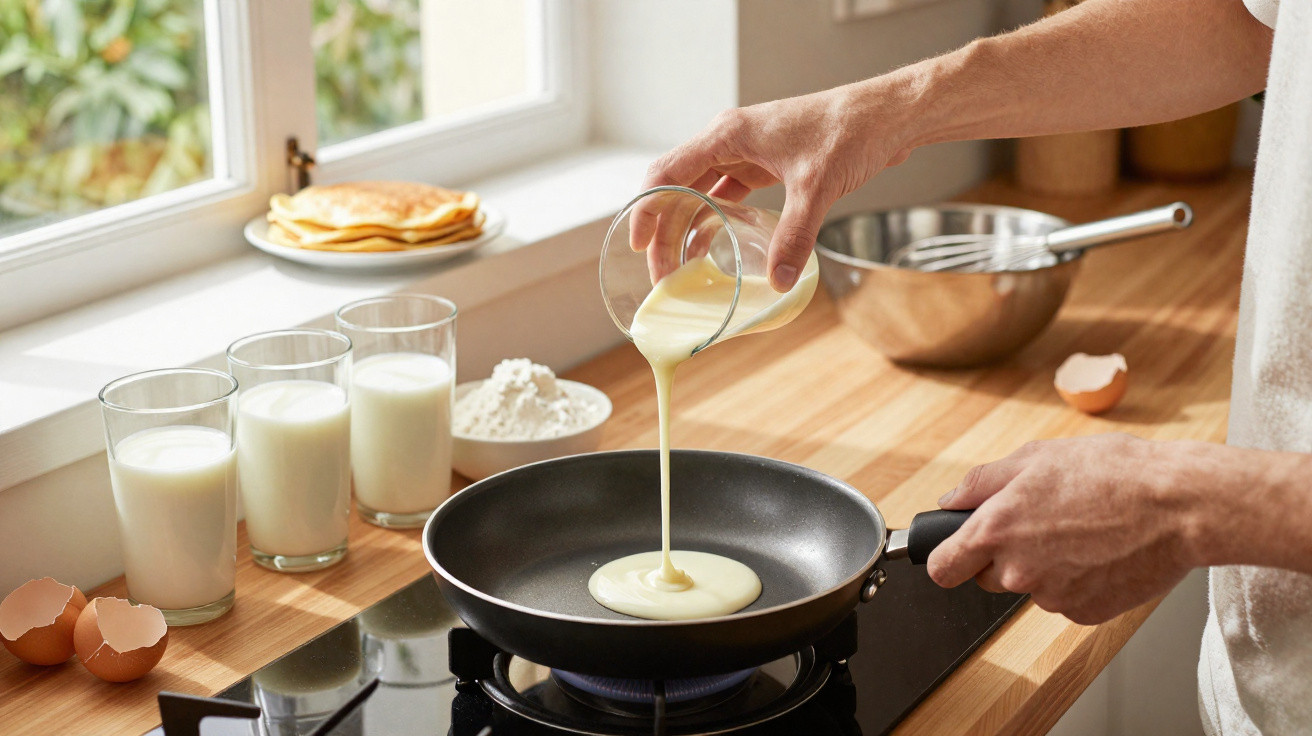Pessoa a verter massa para a frigideira para fazer panquecas numa cozinha com ingredientes na bancada.