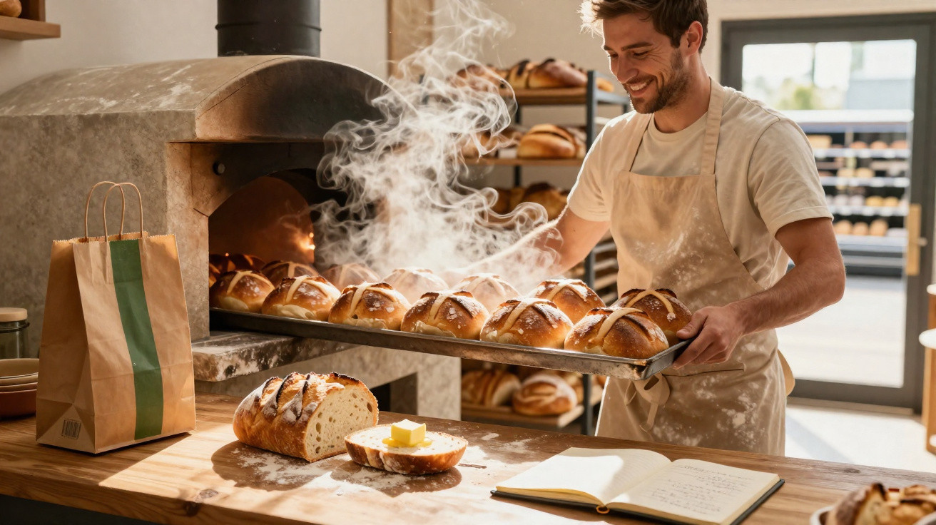 Padeiro a retirar pães quentes e fumegantes do forno numa padaria iluminada a ar natural.