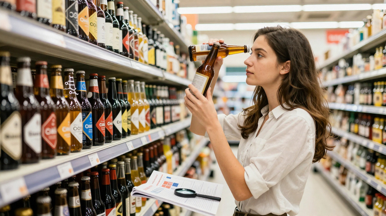 Mulher numa loja a comparar rótulos de duas garrafas de cerveja enquanto segura uma ficha de avaliação.