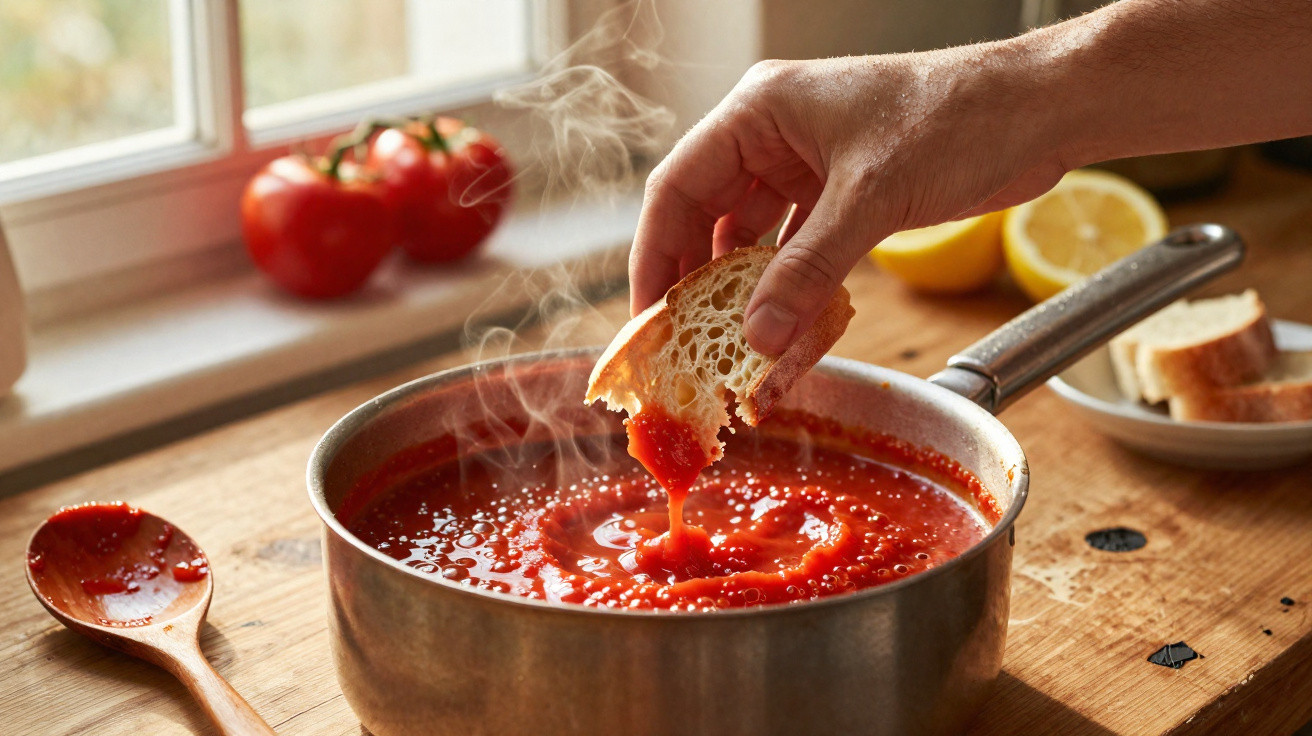 Mão a mergulhar pedaço de pão em panela com sopa de tomate quente, tomate e limão ao fundo na cozinha.