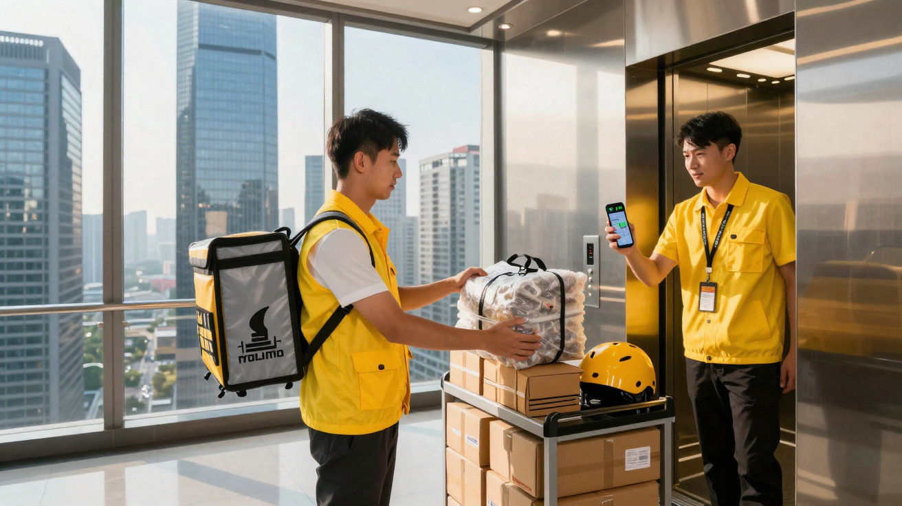 Entregador com mochila e fardamento amarelo entrega encomendas a funcionário junto a elevador em prédio moderno.
