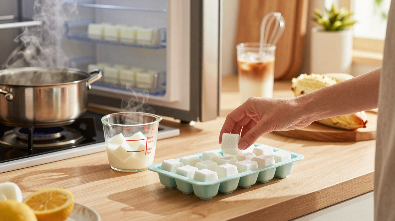 Mão a apanhar cubo de gelo branco de forma quadrada em tabuleiro de silicone na cozinha iluminada.