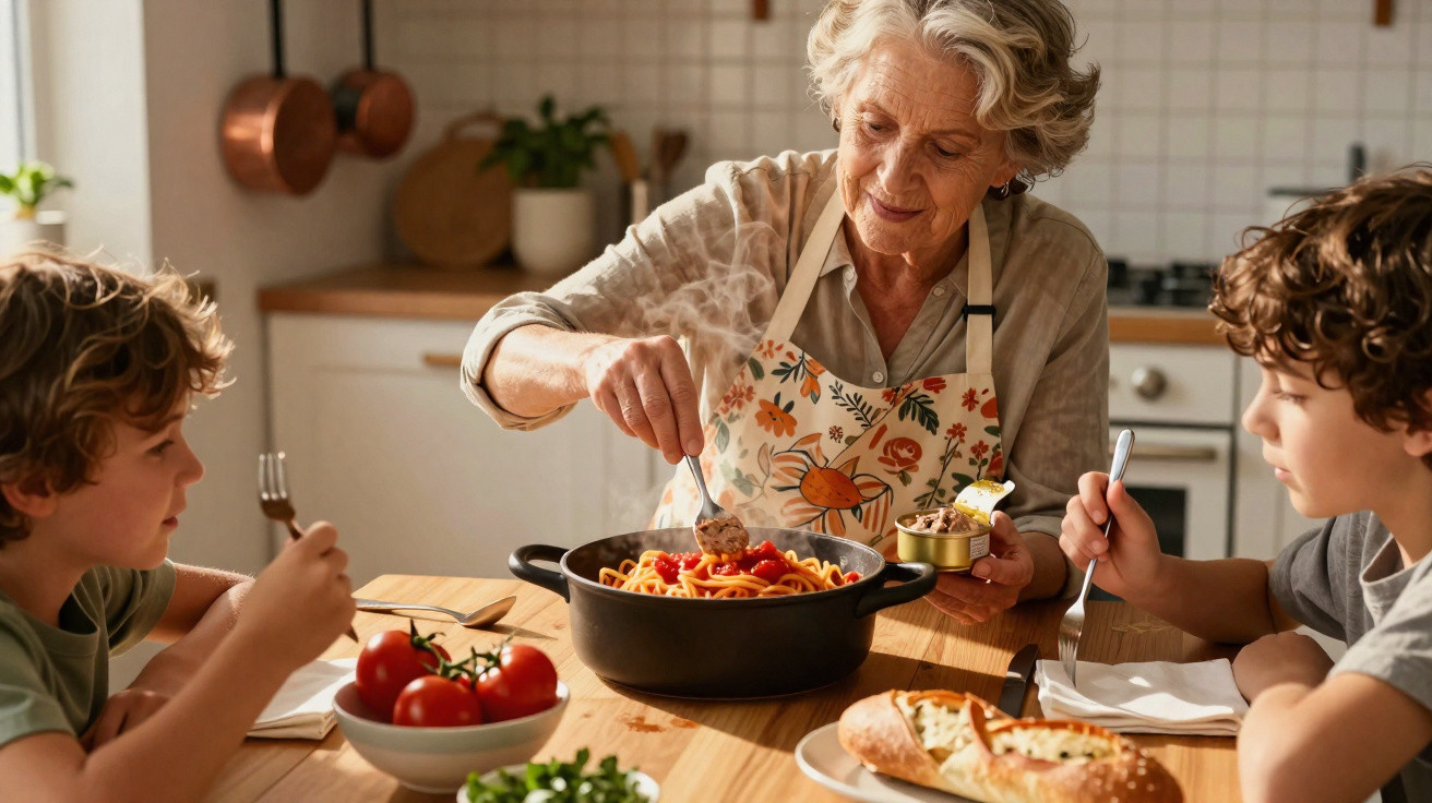 Senhora idosa serve esparguete para dois meninos à mesa de cozinha acolhedora.