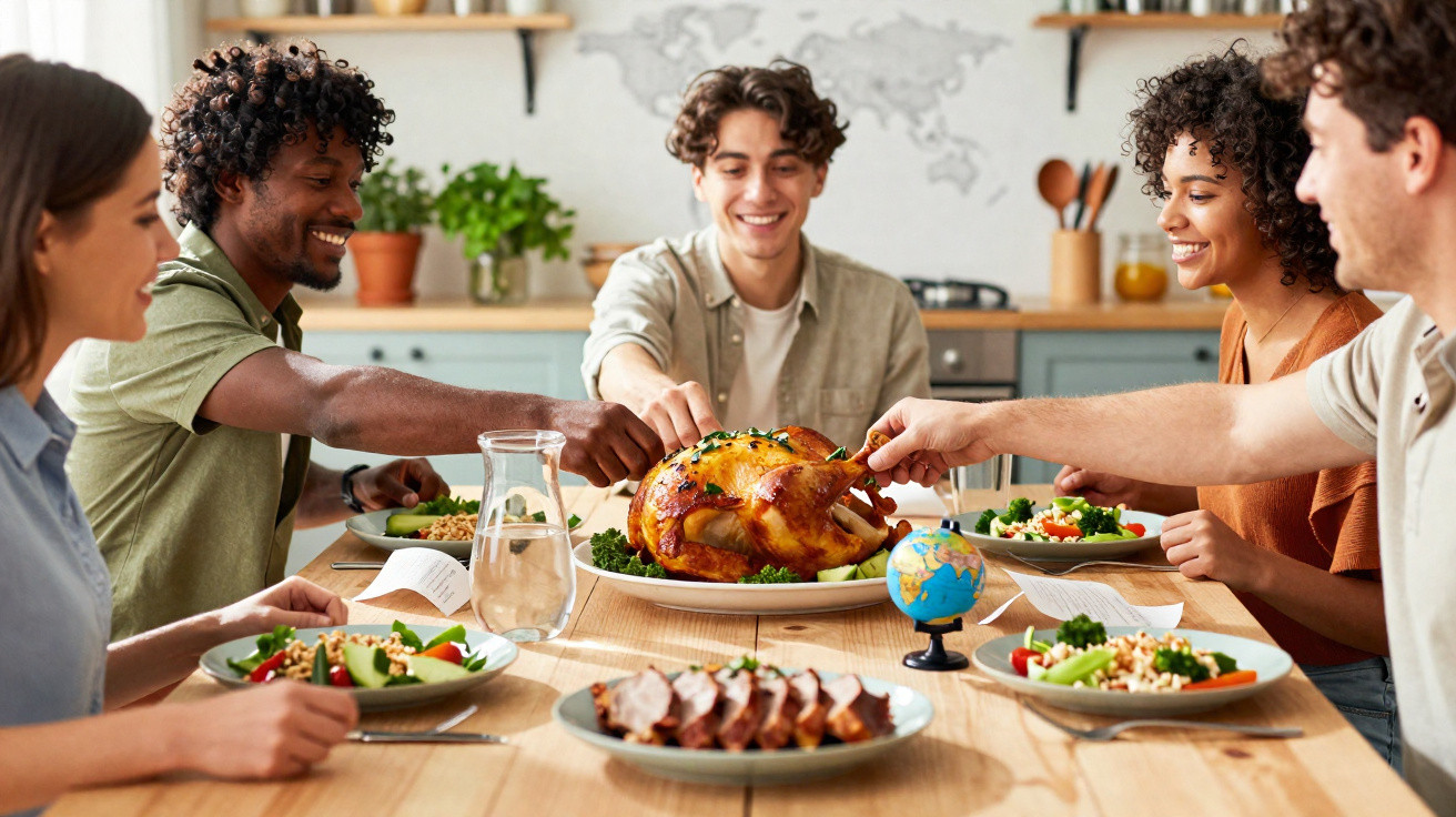 Quatro amigos alegres partilham um jantar com peru assado e salada à mesa na cozinha moderna.