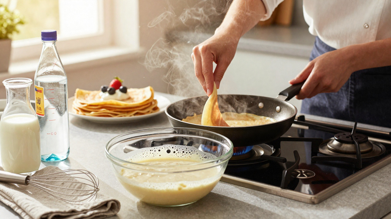 Pessoa a cozinhar panquecas numa frigideira num fogão a gás, com ingredientes e panquecas prontas na bancada.