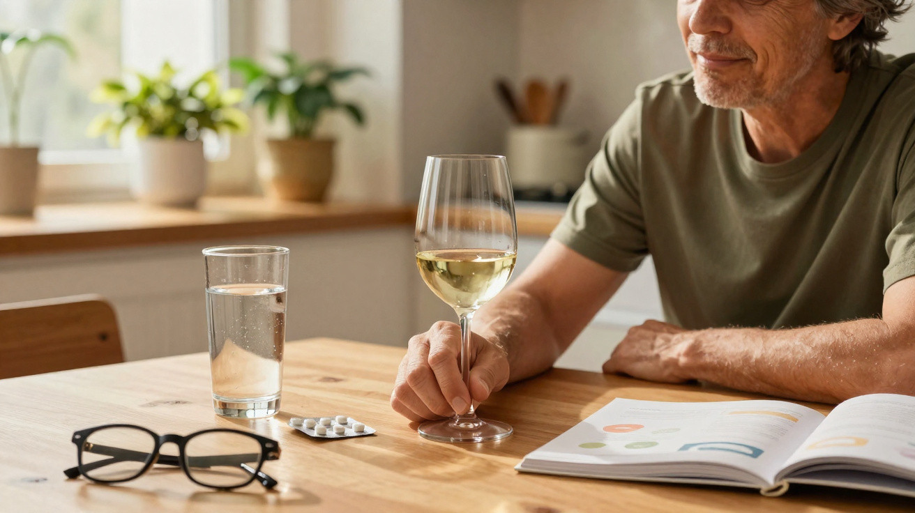 Homem sentado à mesa com copo de vinho branco, vidro de água, comprimidos e livro aberto à sua frente.
